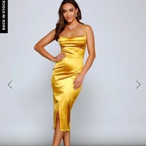 Lillyanne formal satin asymmetrical midi dress yellow figure-hugging